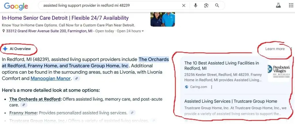 AI result of Home health Care Local SEO Search for Home Health Agency as seen on Google